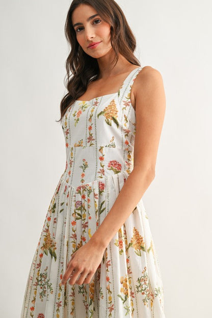 Capri Sleeveless A-Line Floral Print Midi Dress White