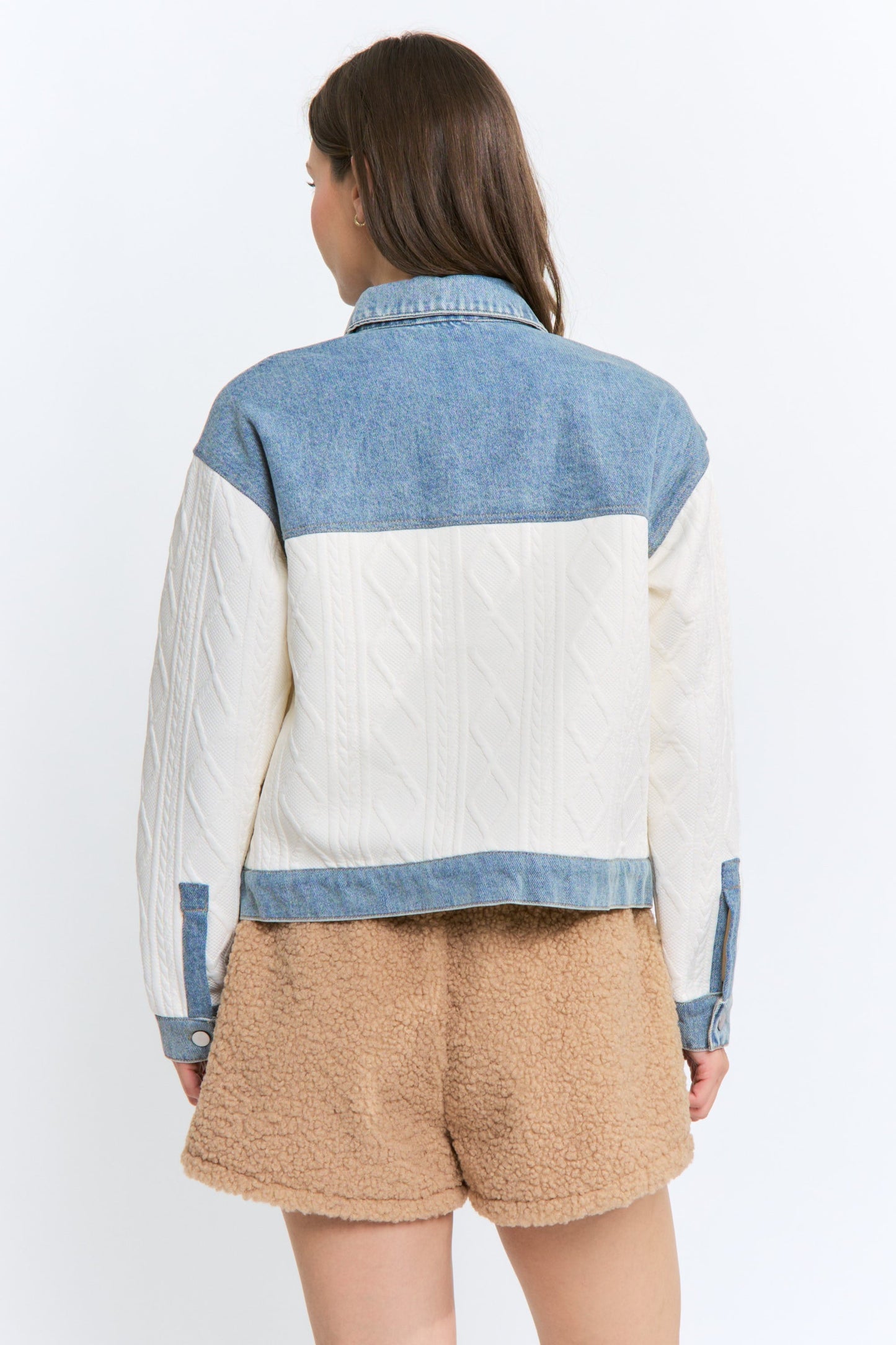 Waitlist 8/25 • Vespera Long Sleeve Cable Knit Denim Trim One Size Shacket Cream Ivory