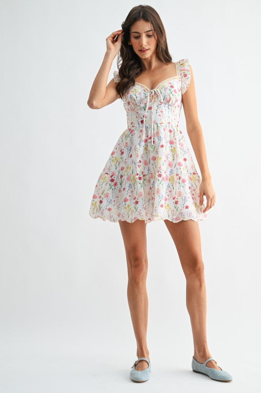 Aviva Flutter Sleeve Floral Print Mini Dress White