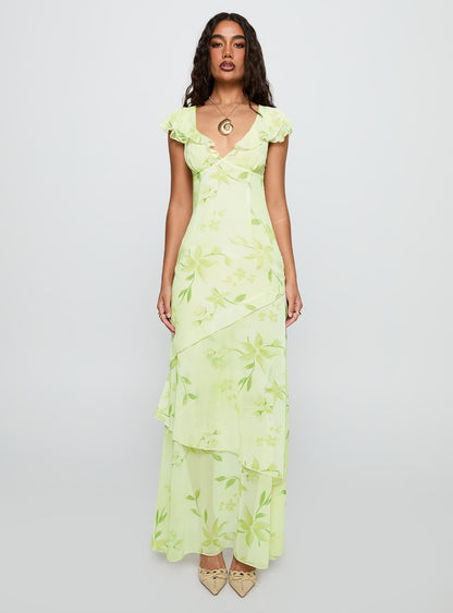 Been Away Frill Maxi Dress Green Multi