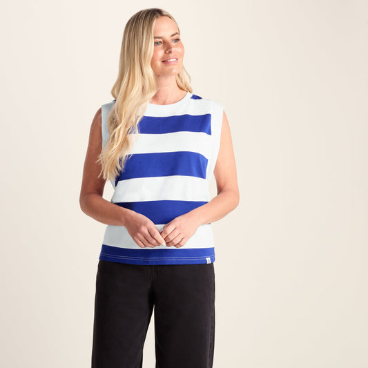 Aurelia Womens 100% Cotton Supersoft Boxy Fit Vest - Ultramarine Blue Stripe