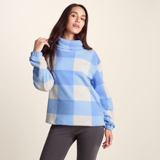 March Womens Relaxed Fit Microfleece Pullover - Powder Blue Gingham