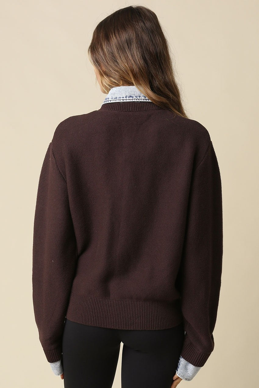 Waitlist 8/20 • Blaire Long Sleeve Button Down Contrast Denim Knit Cardigan Brown