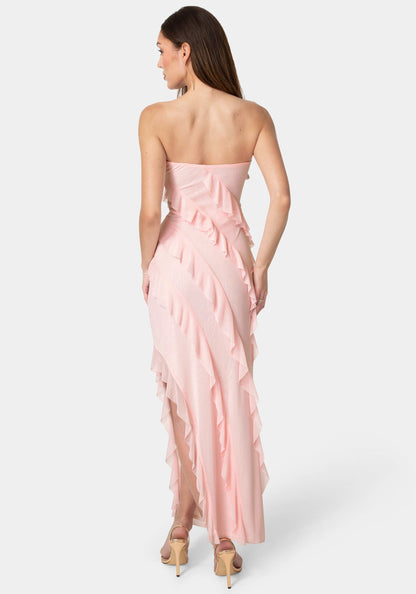 Strapless Mesh Ruffle Maxi Dress