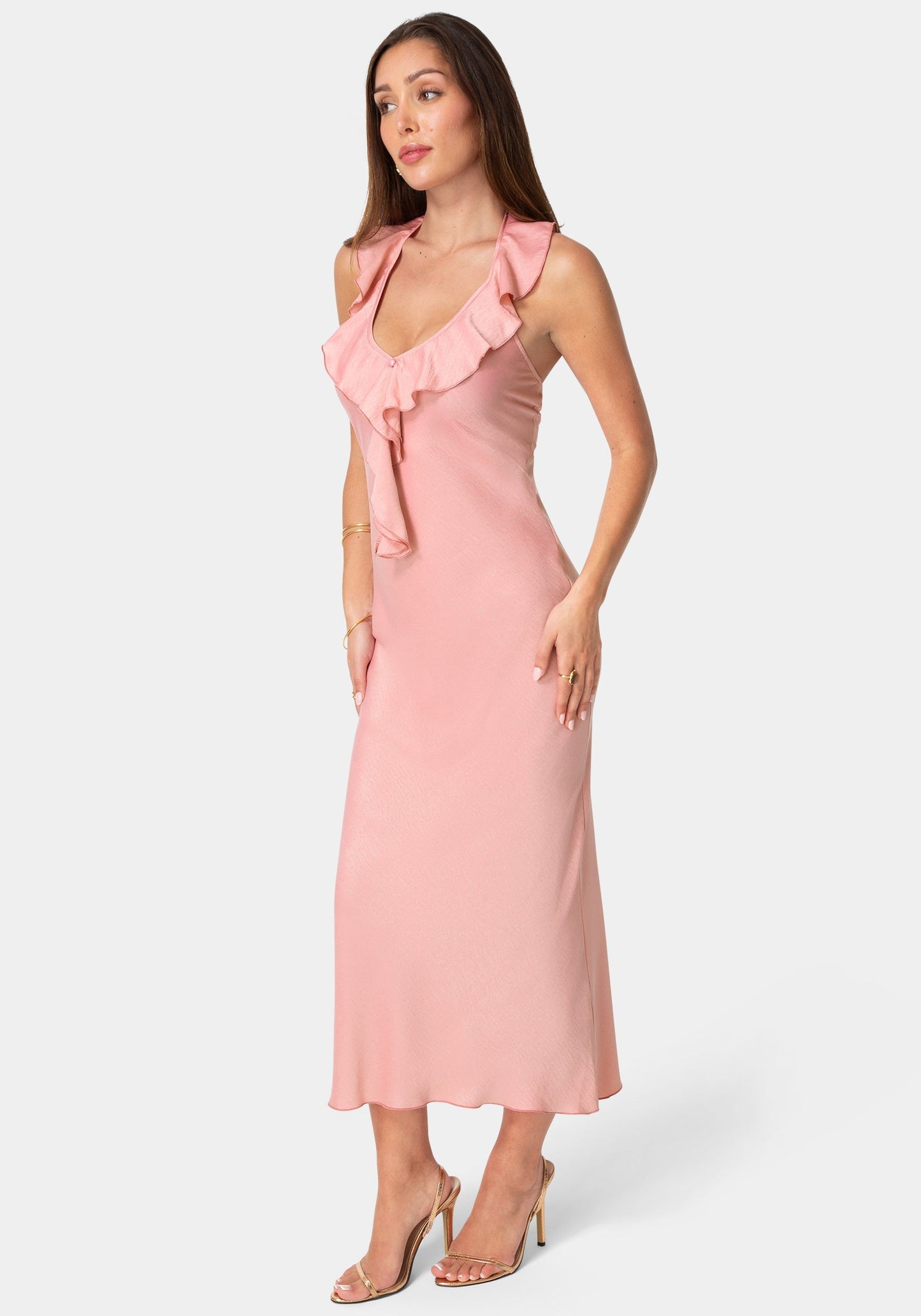 Crushed Satin Ruffle Halter Maxi Dress