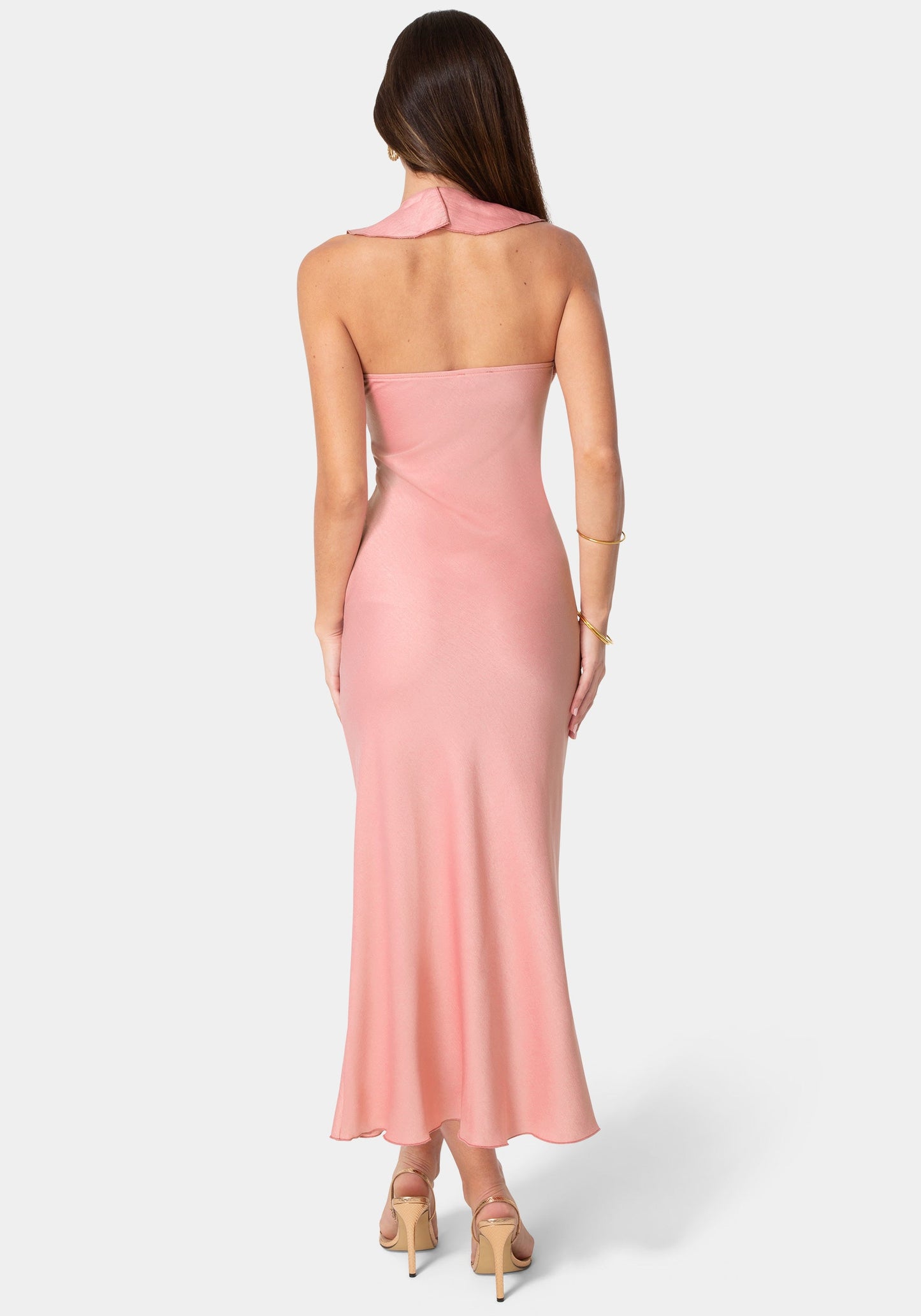 Crushed Satin Ruffle Halter Maxi Dress