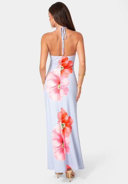 Printed Cowl Halter Maxi Dress