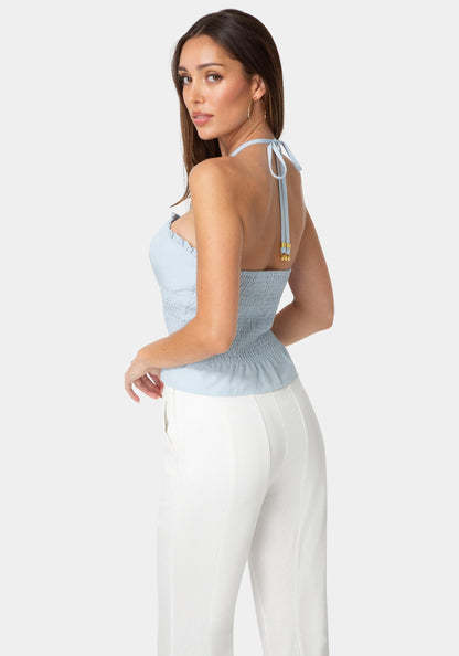 Neck Tie Smocked Linen Top