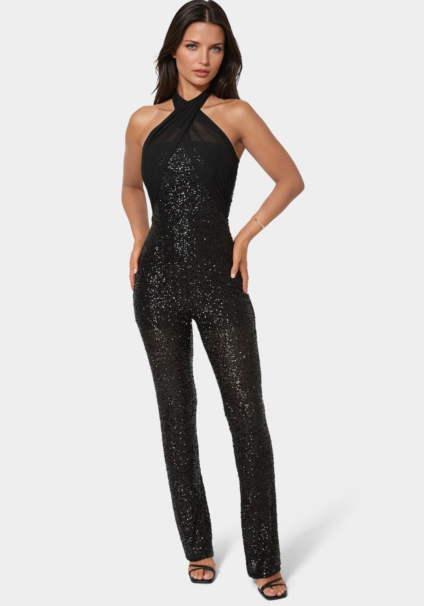 Sequin Halter Mini Flare Leg Jumpsuit