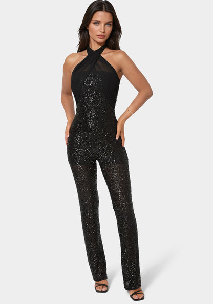 Sequin Halter Mini Flare Leg Jumpsuit