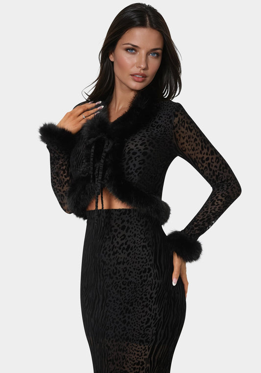 Animal Mesh Faux Fur Trim Long Sleeve Top