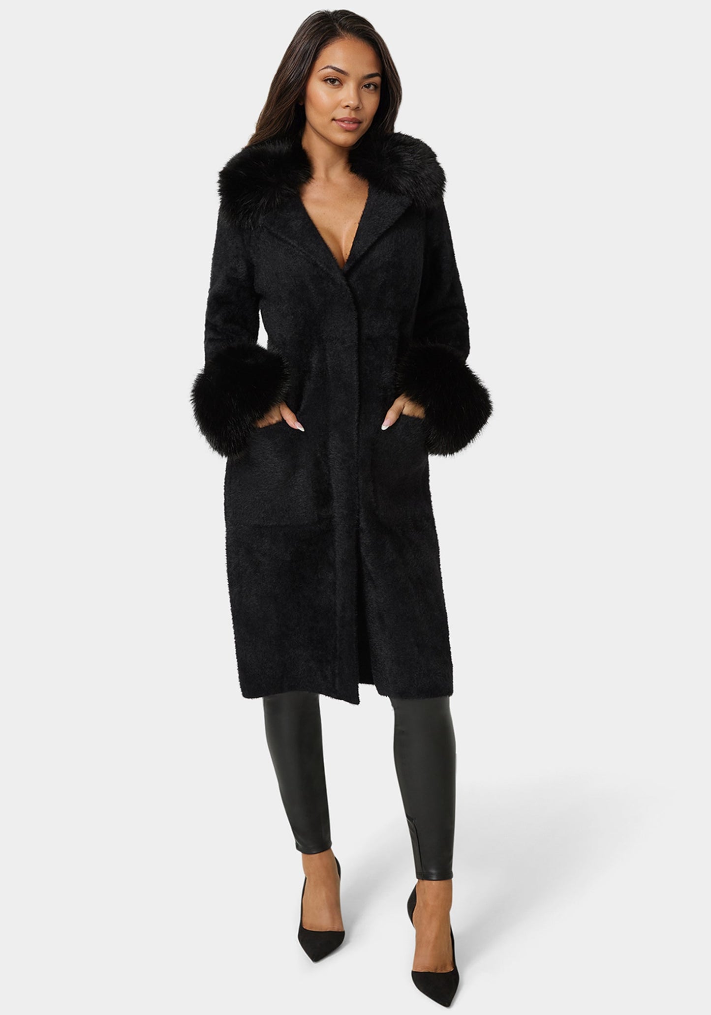 Faux Fur Collar And Cuff Long Coat