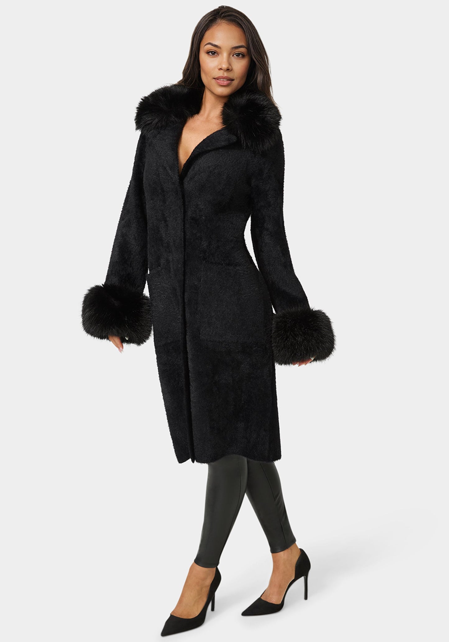 Faux Fur Collar And Cuff Long Coat