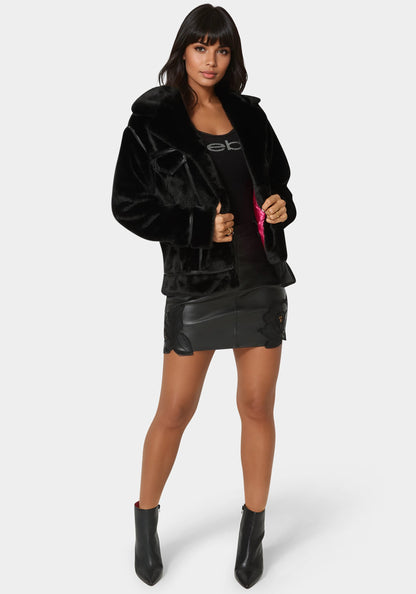 Vegan Leather Trim Faux Fur Jacket