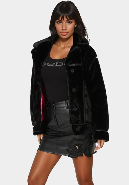 Vegan Leather Trim Faux Fur Jacket