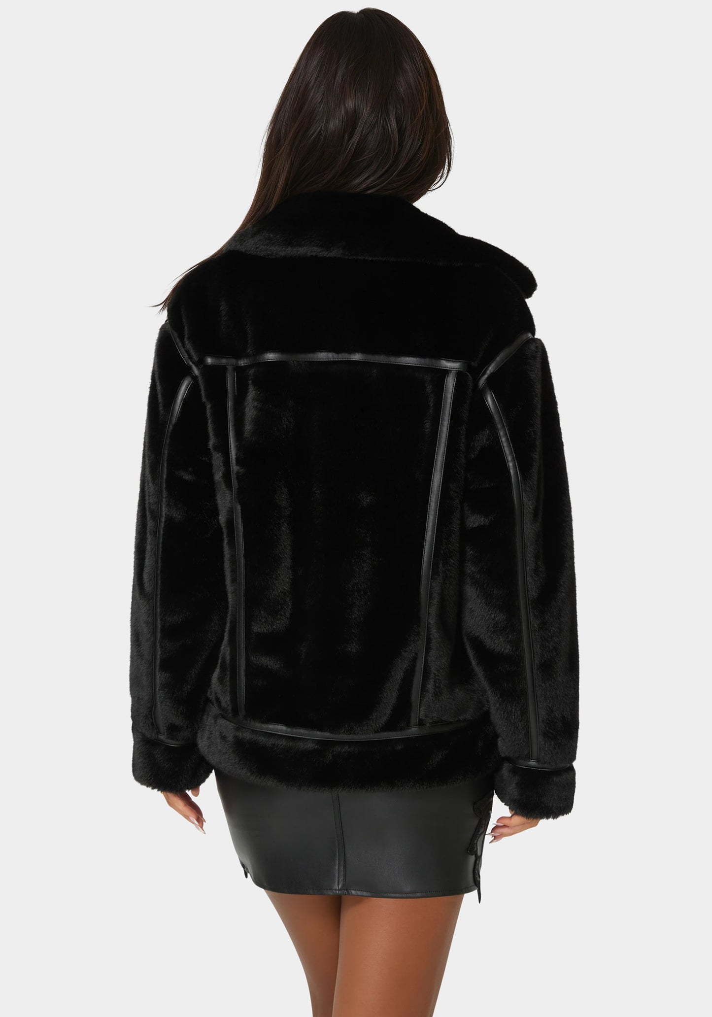 Vegan Leather Trim Faux Fur Jacket