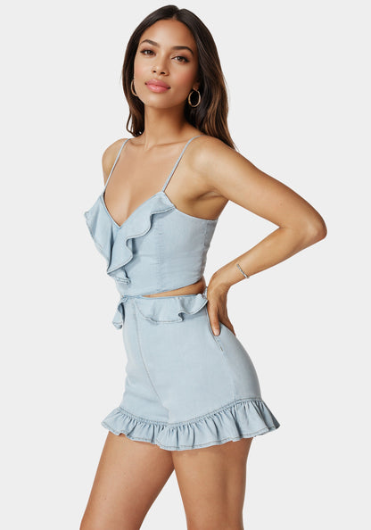 Ruffled V Neck Denim Romper