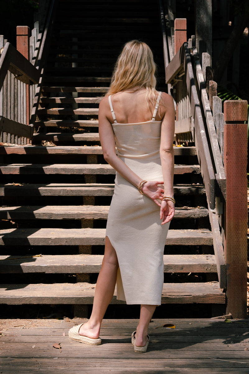 Angie Sleeveless Cut Out Knit Midi Dress Cream