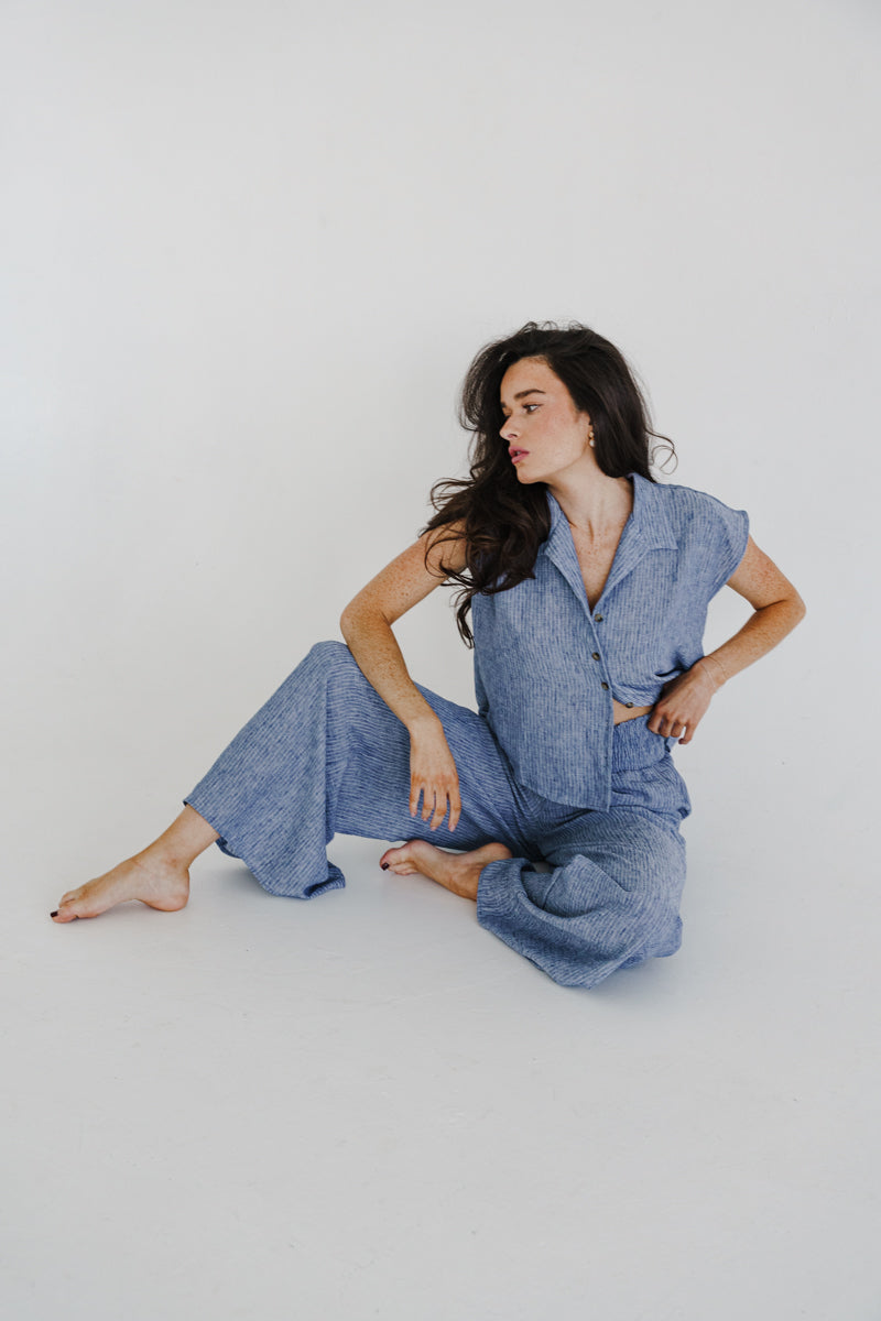 Fiora Short Sleeve Button Down Stripe Print Top Blue
