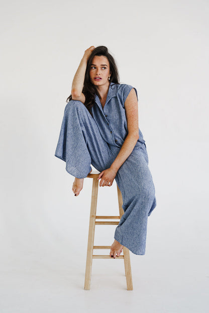 Fiora Short Sleeve Button Down Stripe Print Top Blue