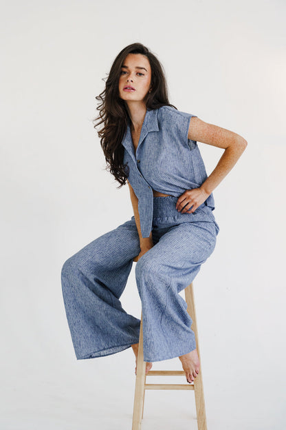 Fiora Short Sleeve Button Down Stripe Print Top Blue