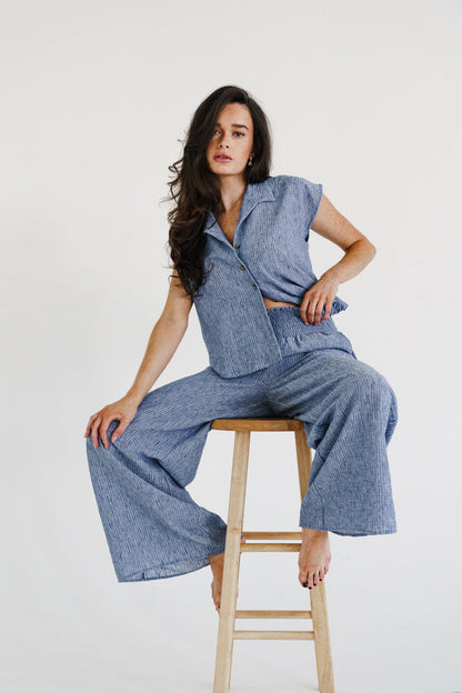 Fiora Short Sleeve Button Down Stripe Print Top Blue
