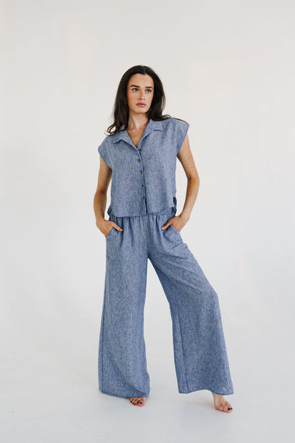 Fiora Short Sleeve Button Down Stripe Print Top Blue