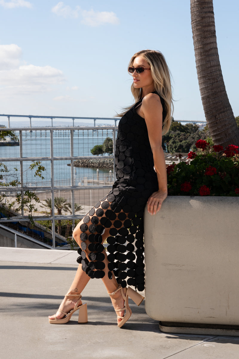 Severin Sleeveless Circle Crochet Midi Dress Black