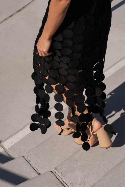 Severin Sleeveless Circle Crochet Midi Dress Black