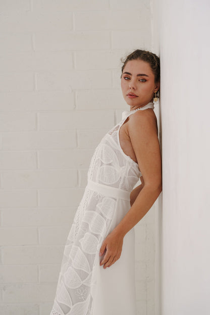 Billie Sleeveless Halter Floral Eyelet Lace Midi Dress White