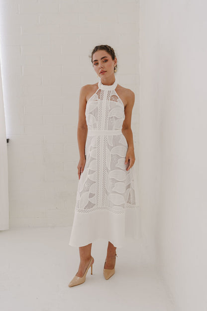 Billie Sleeveless Halter Floral Eyelet Lace Midi Dress White