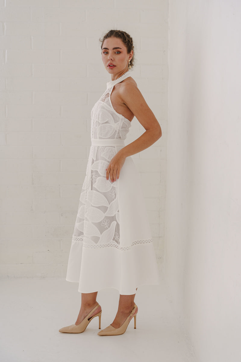 Billie Sleeveless Halter Floral Eyelet Lace Midi Dress White