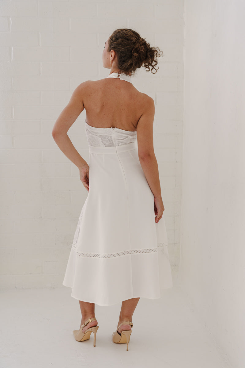 Billie Sleeveless Halter Floral Eyelet Lace Midi Dress White