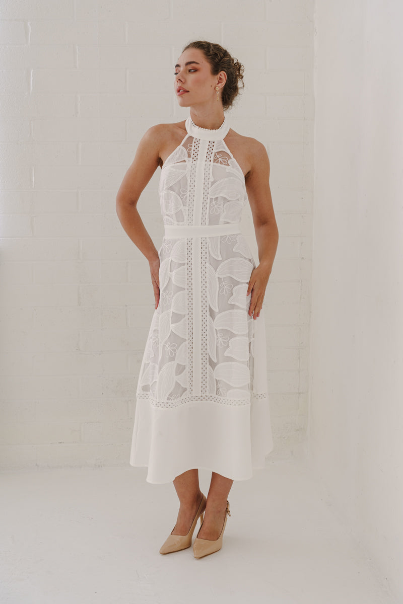 Billie Sleeveless Halter Floral Eyelet Lace Midi Dress White