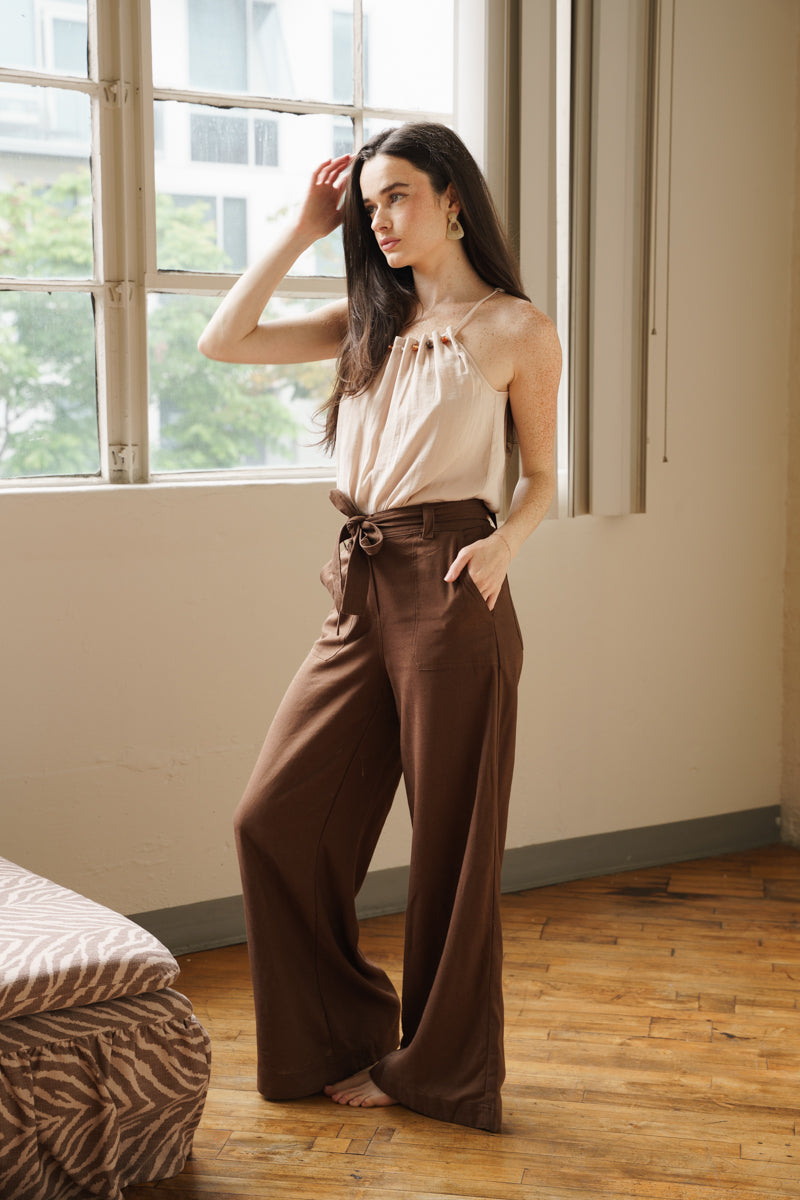 Josephine Sleeveless Pleated Top Beige