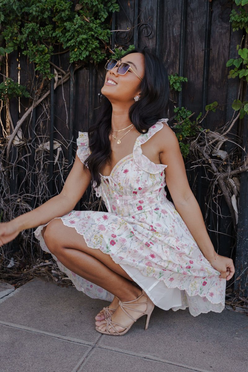 Aviva Flutter Sleeve Floral Print Mini Dress White