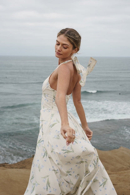 Adalyn Sleeveless Halter Floral Print Midi Dress Blue