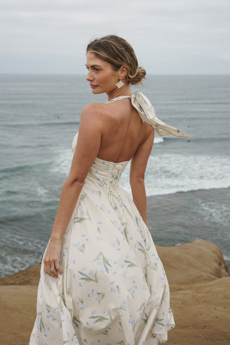 Adalyn Sleeveless Halter Floral Print Midi Dress Blue