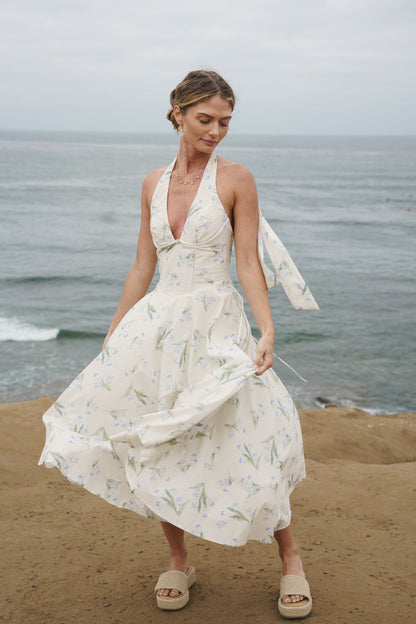 Adalyn Sleeveless Halter Floral Print Midi Dress Blue