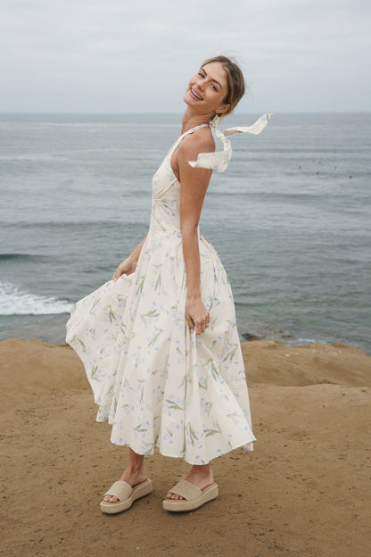 Adalyn Sleeveless Halter Floral Print Midi Dress Blue