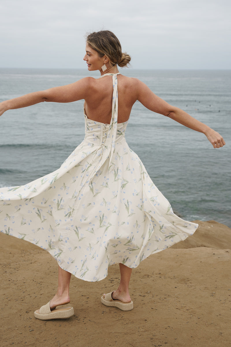 Adalyn Sleeveless Halter Floral Print Midi Dress Blue