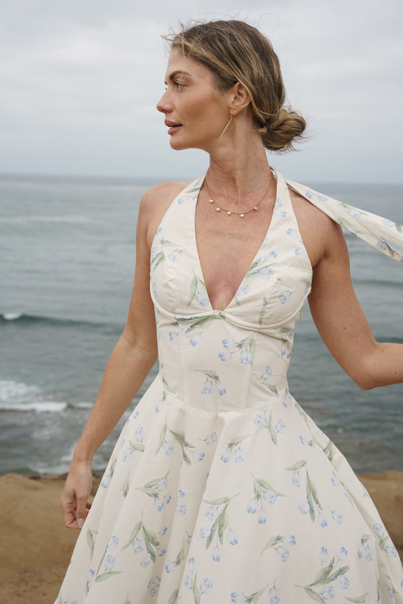 Adalyn Sleeveless Halter Floral Print Midi Dress Blue