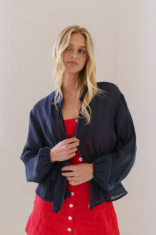Stellan Long Sleeve Ruffle Tiered Jacket Navy