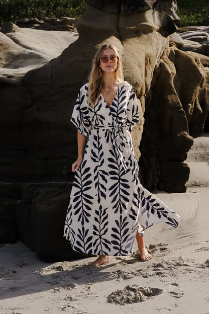 Maryann Short Kimono Sleeve Palm Print Maxi Dress Navy