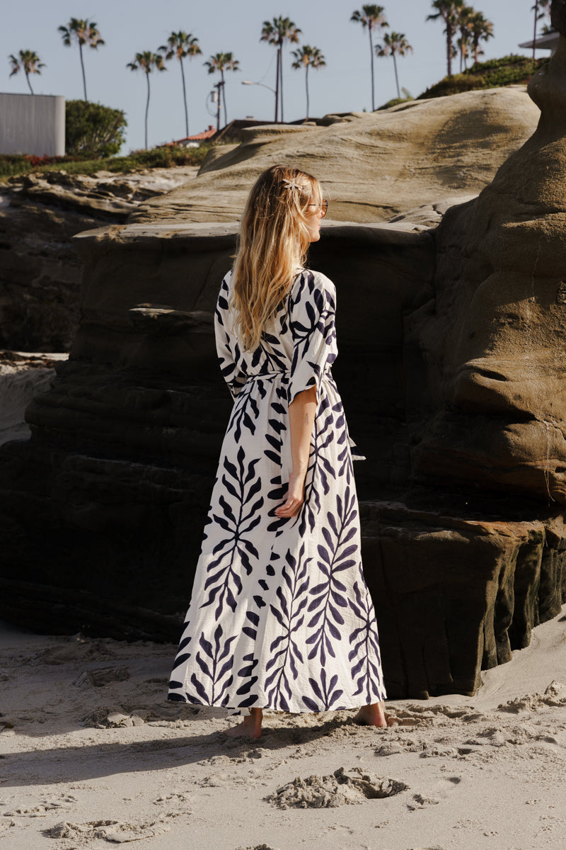 Maryann Short Kimono Sleeve Palm Print Maxi Dress Navy