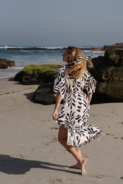 Maryann Short Kimono Sleeve Palm Print Maxi Dress Navy