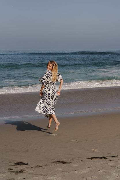 Maryann Short Kimono Sleeve Palm Print Maxi Dress Navy
