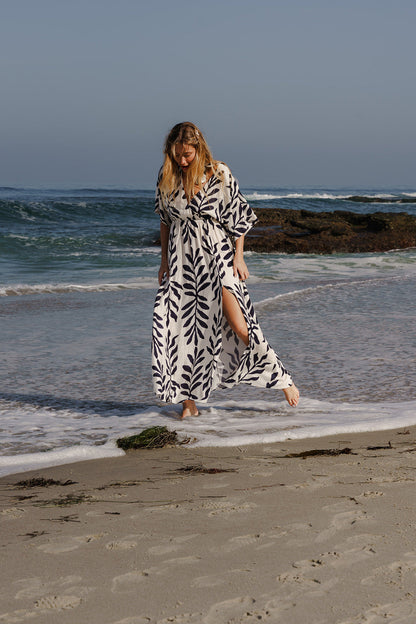 Maryann Short Kimono Sleeve Palm Print Maxi Dress Navy