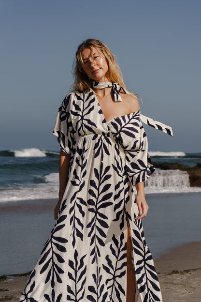Maryann Short Kimono Sleeve Palm Print Maxi Dress Navy