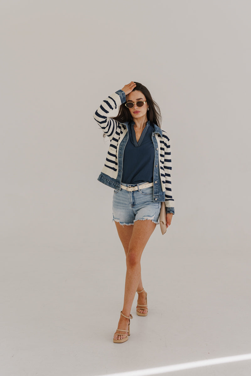 Lioran High Rise Frayed Hem Distressed Denim Shorts Light Wash